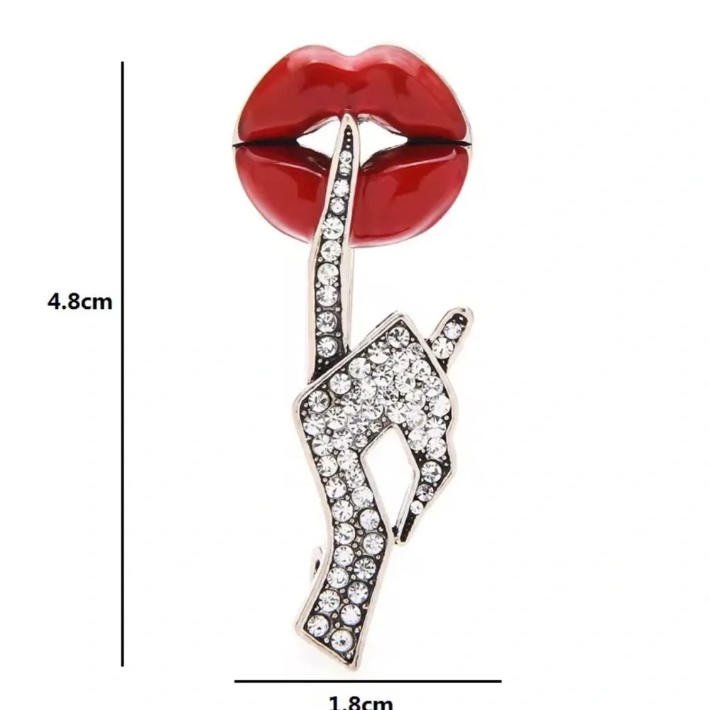Red Lip & Rhinestone Hand Brooch - Women Jewelry